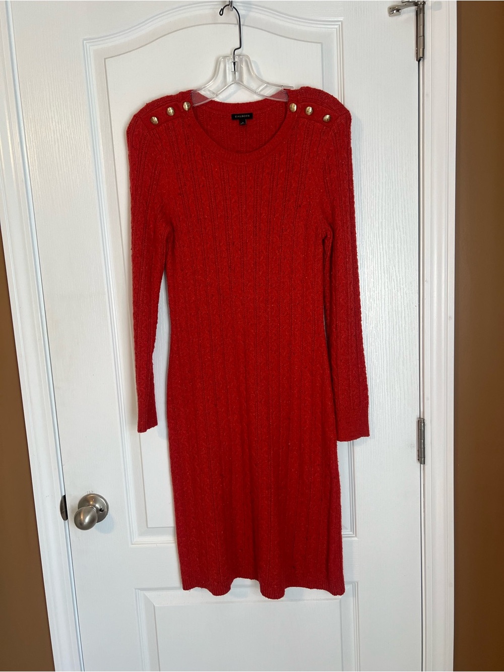 Talbots Orange Cable-Knit Long Sleeve Dress with Gold Shoulder Buttons
